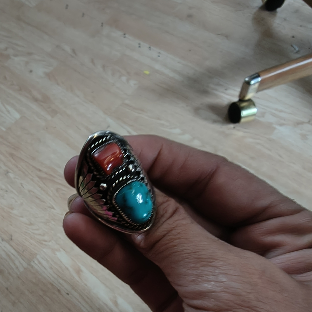 Turquoise and Coral Silver Ring - Picture 3 of 3